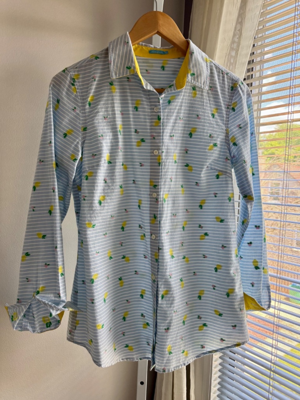 NEW J McLaughlin Lois Button Front Shirt Yellow Lemon Motif Blue White Stripe XS - Picture 5 of 14